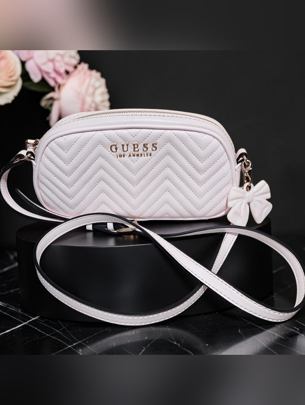 GUESS Quilted Crossbody Bag in Pale Pink with Gold Hardware
